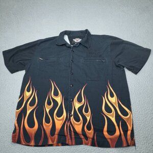 Harley Davidson Shirt Men Large‎ Black Orange Flames Script Bar Shield Zip Short
